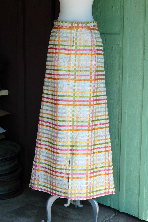 1970s Ribbon Grid Maxi Skirt // 70s Pink Yellow Green… - Gem