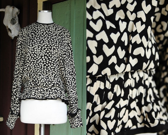 1980s 1990s Black and White Heart Print Long Slee… - image 1