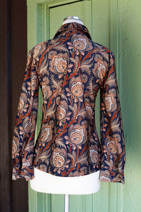 1970s Navy Blue Brown Tan Paisley Long Sleeve But… - image 7