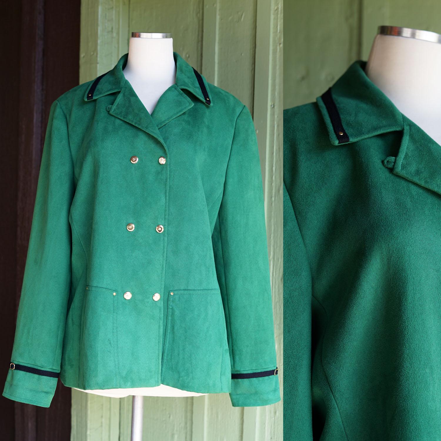 1990s Green Faux Suede Coat With Black Knit Trim and Gold Hardware