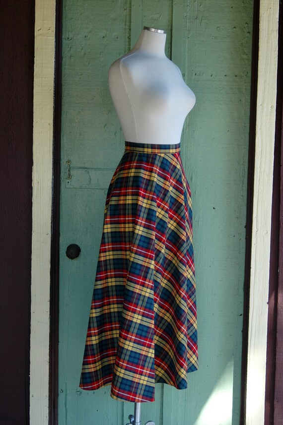 HOLIDAY 1960s Yellow Red Green Plaid Maxi Skirt /… - image 2