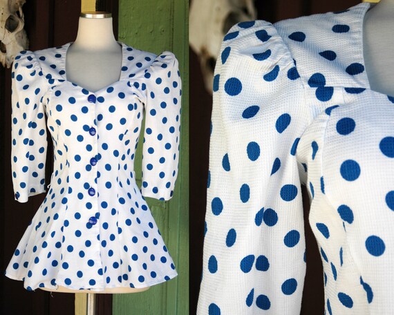 1980s White and Blue Polka Dot Peplum Blouse // 8… - image 1