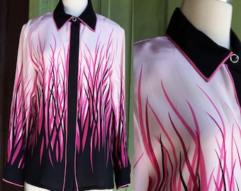 1990s Bob Mackie Wearable Art Pink Fuchsia Black Artsy Long Sleeve Blouse
