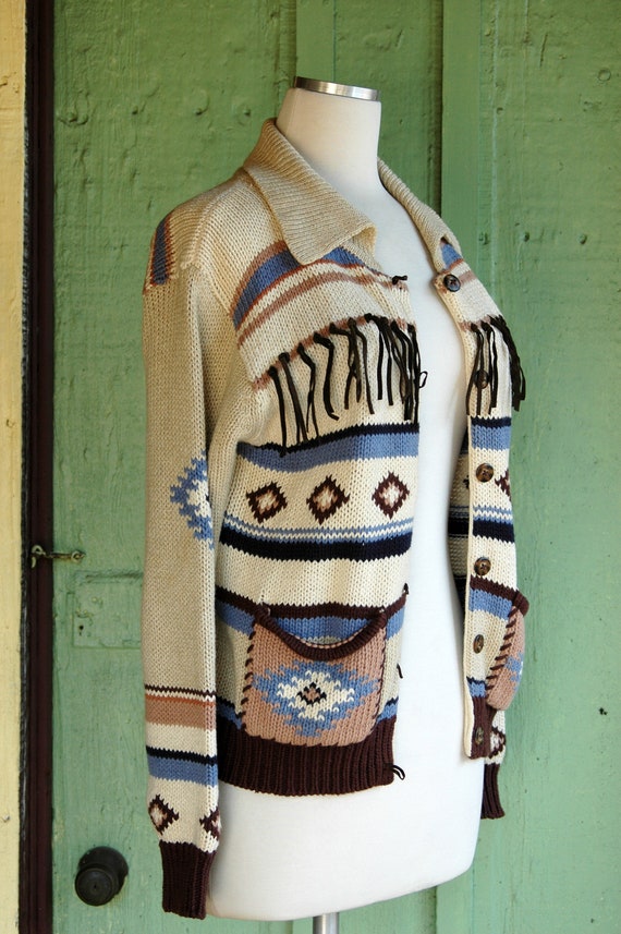 1990s Tan Brown Blue South Western Inspired Cardi… - image 6