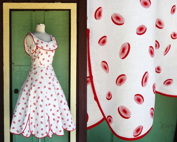 1950s Pat Premo White and Red Fit and Flare Dress