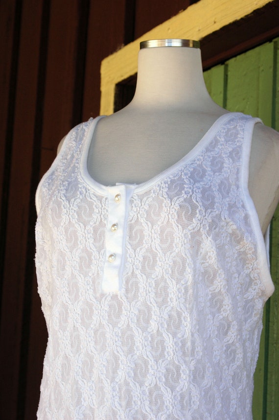 1980s Sheer White Stretch Lace Dress // 80s Tank … - image 3