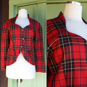 1980s 1990s Red Black Yellow Plaid Blazer Jacket // 80s 90s Runway Inspired Punk Plaid Jacket