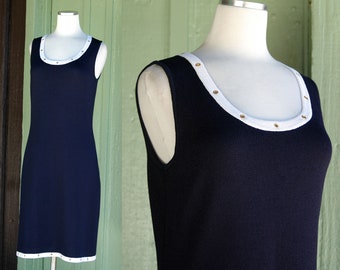 1990s Navy Blue Knit Dress with White and Gold Rivet Trim // 90s St John Sport Dark Blue Sweater Dress