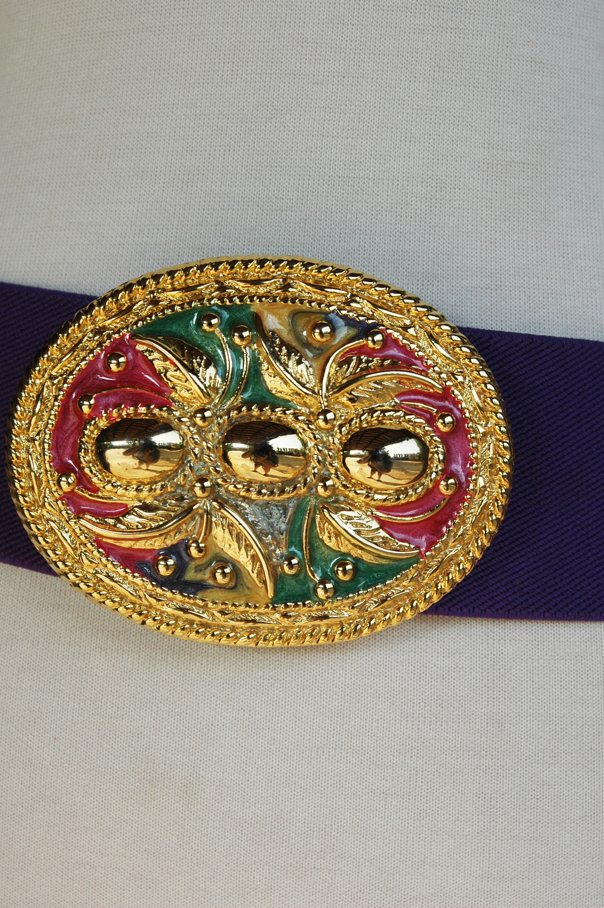 1980s Purple Elastic Stretch Belt With Ornate Gold Pink 