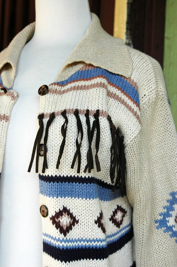 1990s Tan Brown Blue South Western Inspired Cardi… - image 4