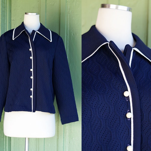 1960s 1970s Navy Blue Textured Sweater with White Trim // 60s 70s Young Viewpoint Button Up Preppy Cardigan Sweater