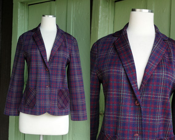 1970s Navy Blue Red Tan Green Plaid Blazer Jacket… - image 1