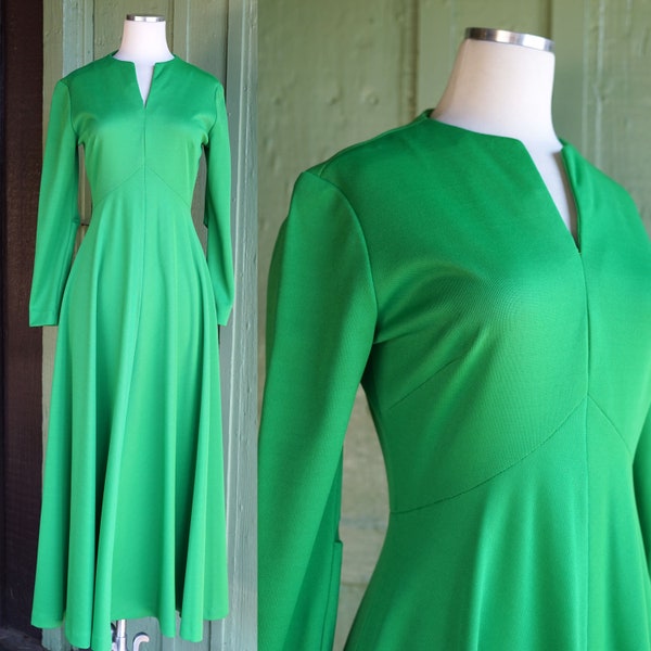 1970s Green Long Sleeve Maxi Dress // 70s Bright Green Fit and Flare Gown with Full Skirt by Georgee Originals