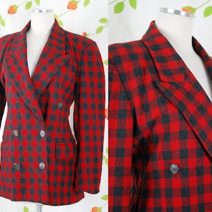 1990s Red Grey Plaid Checked Blazer Coat by Kors // 90s Buffalo Check Double Breasted Wool Angora Jacket