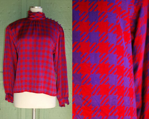 1980s 1990s Red and Purple Checked Silk Turtleneck