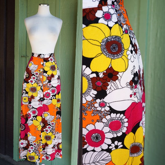 1960s 1970s Pink Orange Yellow Bright Mod Floral … - image 1