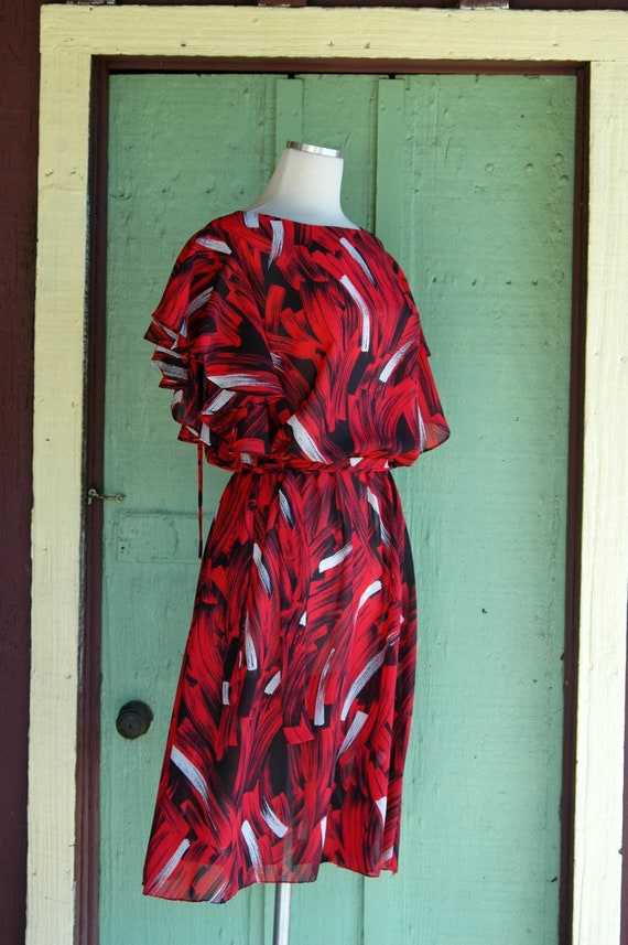 1980s Red White Black Abstract Brush Print Sheer … - image 3