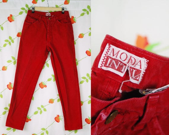 1980s 1990s Red Jeans // 80s 90s Red Moda Intl Mi… - image 1