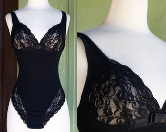 1990s Black Cotton Spandex Lace Trimmed Bodysuit by Victoria’s Secret // 90s VS Gold Label Lace Lingerie