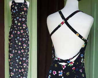 1990s Black Colorful Floral Maxi Dress // 90s Open Back Long Blue Yellow Pink Flower Dress by Rampage