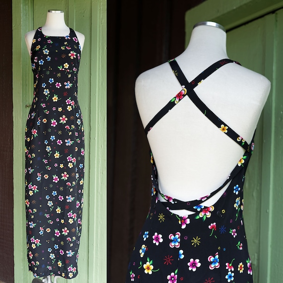 90’s Black Floral Cocktail Dress by Cattiva main image 1