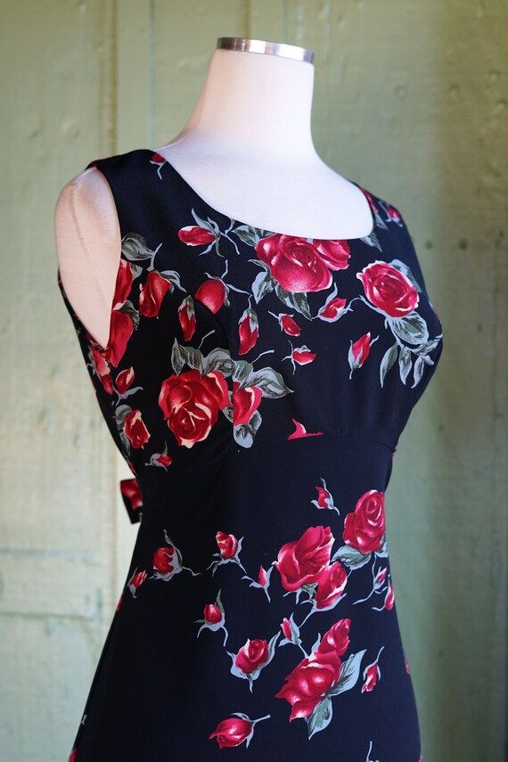 DEADSTOCK - Vintage 90s Black & Red Rose Floral CAROLINE WELLS Keyhole Long Sleeve Maxi Dress - 12