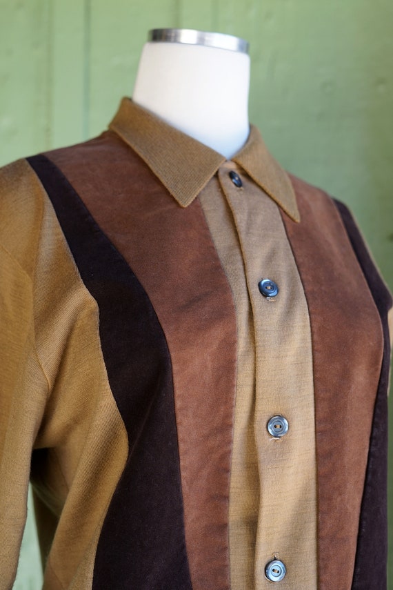 1960s Brown Button Up Italian Inspired Knit Top w… - image 3
