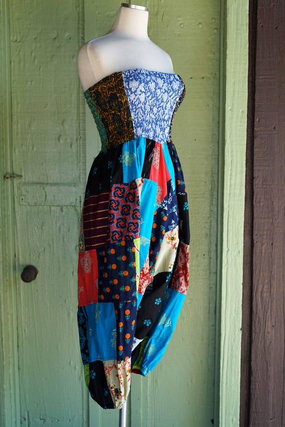 2000s Patchwork Strapless Smocked Harem Pants Jum… - image 4