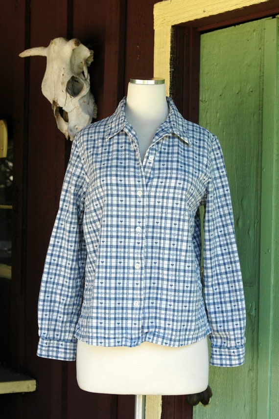 1990s Blue and White Checkered Heart Print Blouse… - image 2