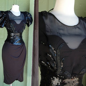 1980s Black Sequin Beaded Formal Dress Sheer Illusions Neckline Puff Sleeves Karen Okada David Howard // 80s PartyCocktail Dress Midi Dress