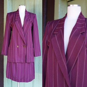 1980s 1990s Merlot Red White Striped Blazer Skirt Suit by Karen Ellis // 80s 90s Double Breasted Blazer and Short Skirt