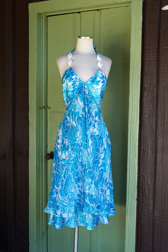 Timeless Tropics: Blue & White Hawaiian Leaf Dog Dress