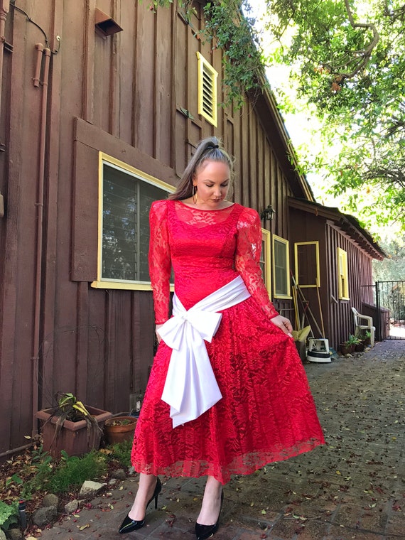 1980s christmas dress Red Lace With Large White Bow // 80s Does 50s Drop Waist Fancy Dress plp-52599