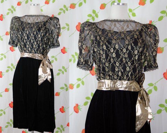 1970s 1980s Black and Gold Lace Velvet Formal Party Dress // 70s 80s Lace  Top Gold Lame Belt Velvet Skirt New Leaf Samir Gown - Etsy