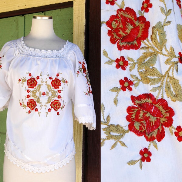 1970s 1980s White Peasant Blouse with Red Green Floral Embroidered Detail // 70s 80s Greek Flower Blouse with Lace Trim