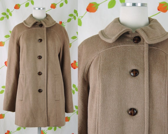 1970s Tan Coat with Brown Buttons // 70s Hip Leng… - image 1