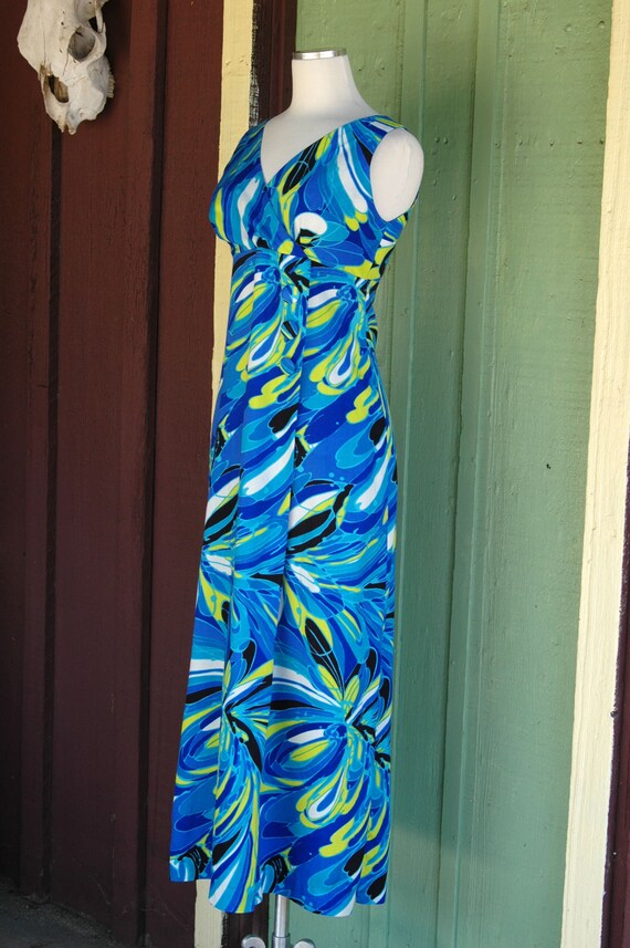 1960s 1970s Blue Turquoise Lime Green Swirly Maxi… - image 3