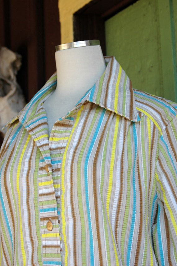 1960s Beige Tan Blue Yellow Green Striped Shirt D… - image 8