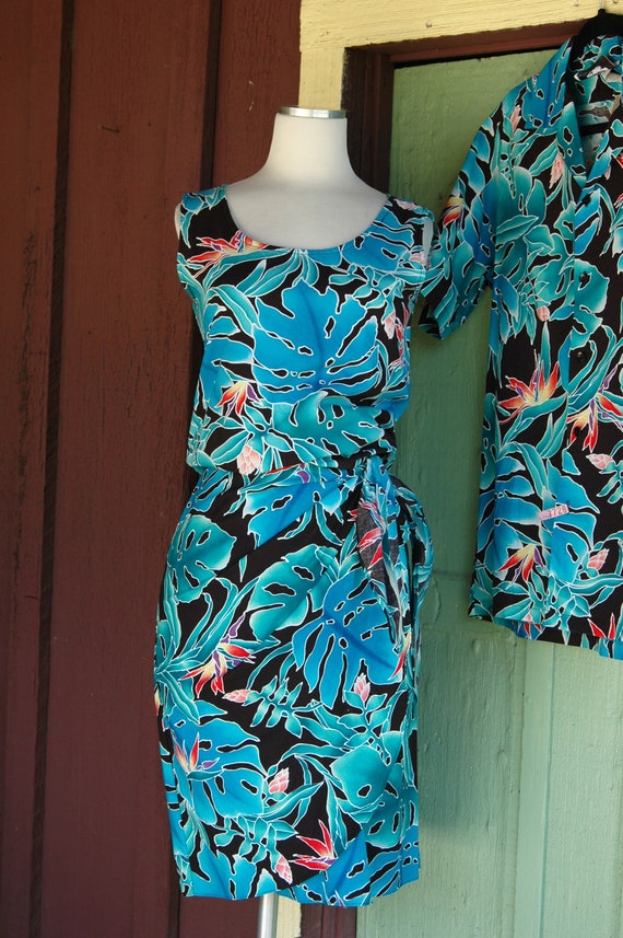 1990s Black Turquoise Blue Green Hawaiian Tropica… - image 5