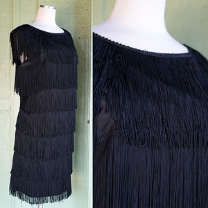 1960s Black Fringe Trim Mod Flapper Inspired Dress // 60s Sleeveless Black Mini Dress with Fringe Trim