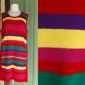 1960s Red Pink Yellow Green Blue Striped Knit Shift Dress // 60s Mod Bullocks Striped Color Block Sweater Dress