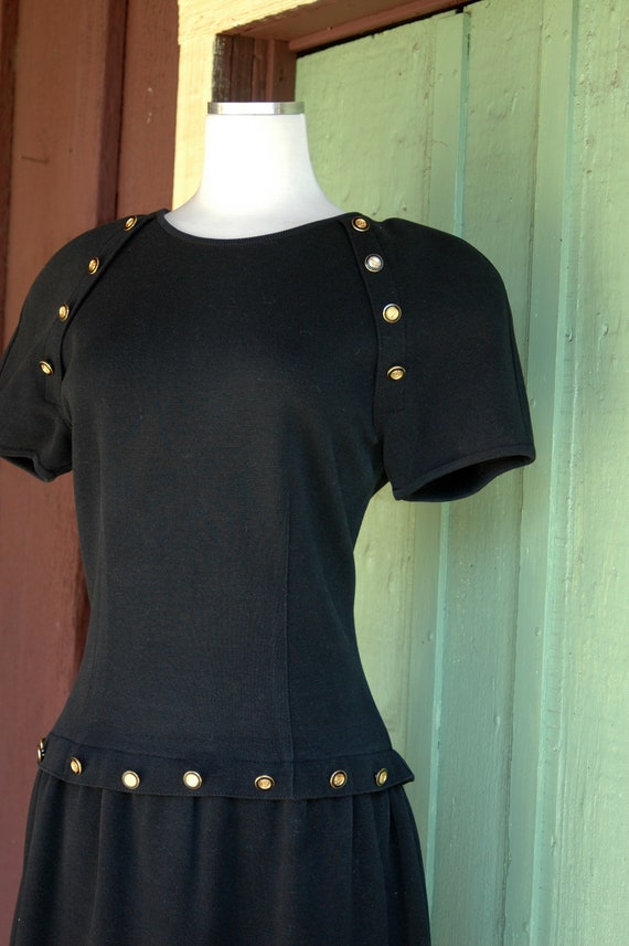 1980s 1990s Black Drop Waist Midi Dress with Gold… - image 3