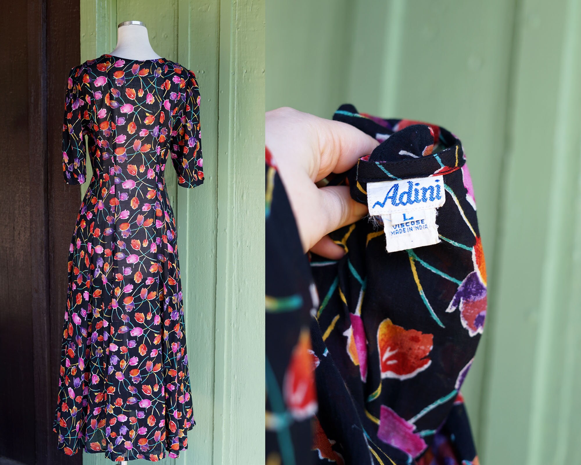 ヴィンテージ　アリエル　ショートオール　Tシャツ　セットアップ 1980s Black Pink Purple Red Green Sheer Floral Dress by