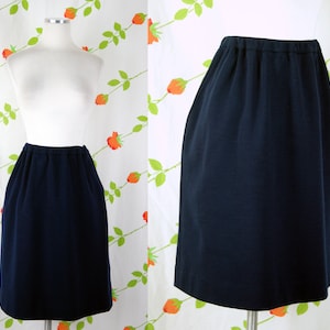 1980s Navy Blue Wool Midi Skirt // 80s Secretary Elastic Waist Minimalist Chic Skirt with Pockets