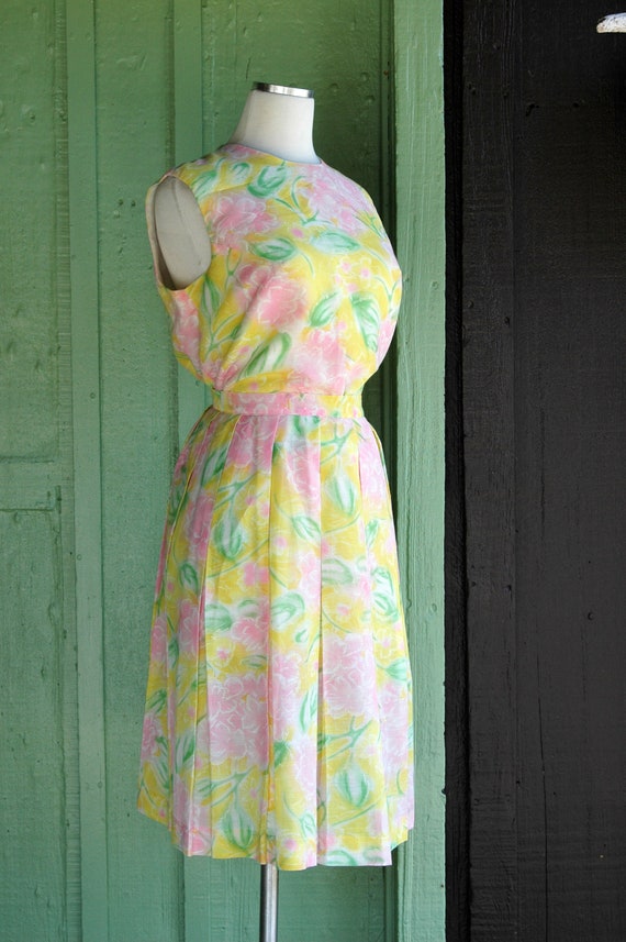 1960s Yellow Pink Green Floral Skirt and Top Set // 6… Gem