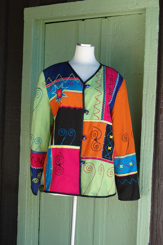 1990s 2000s Funky Colorful Patchwork Unique Jacke… - image 2