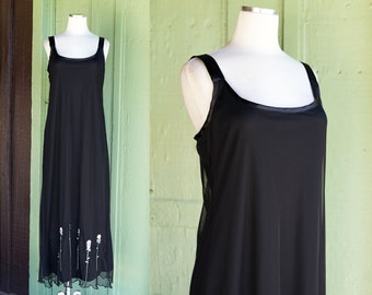 1990s Black Sleeveless Maxi Dress with Colorful Floral Embroidery Detail // 90s Mesh Overlay Long Dress