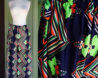 1970s Navy Blue Green Orange Zig Zag Striped Floral Wide Leg Pants