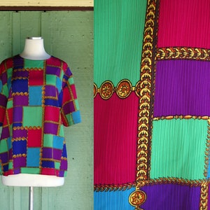 1980s 1990s Colorblock Boxy Blouse // 80s 90s Pink Purple Blue Green Geometric Square Checkered Print Top with Gold Chain Detail