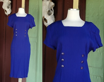 1990s 2000s Blue Crinkle Pleat Jumper Dress // 90s 00s Cobalt Blue Midi Dress with Button Detail
